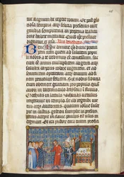 Cotton Tiberius B. VIII f.50r Kuningas luovuttaa miekan seneskalkille (Anjoun herttualle), teoksesta ”Ranskan kuninkaan Kaarle V:n kruunajaiskirja”