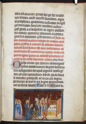Cotton Tiberius B. VIII f.56r Reimsin arkkipiispa siunaa kuninkaan käsineet, teoksesta ”Ranskan kuninkaan Kaarle V:n kruunajaiskirja”
