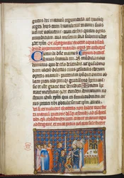 Cotton Tiberius B. VIII f.56v Reimsin arkkipiispa pukee käsineet kuninkaan käsiin, teoksesta ”Ranskan kuninkaan Kaarle V:n kruunajaiskirja”