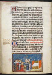 Cotton Tiberius B. VIII f.69v, Reimsin arkkipiispa asettaa kruunun kuningattaren päähän ja paronit kannattelevat hänen kruunuaan, kuvitus teoksesta ”Ranskan kuninkaan Kaarle V:n kruunajaiskirja”