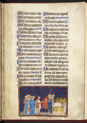 Cotton Tiberius B. VIII f.73r, Reimsin arkkipiispa siunaa Oriflammen, kuvitus teoksesta ”Ranskan kuninkaan Kaarle V:n kruunajaiskirja”