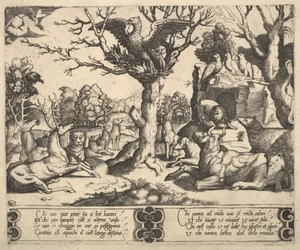 Feeniksi istui puun huipulla, siivet auki, lajitelma eläimiä alla, 1530-60.