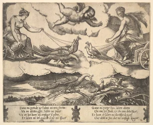 Avioliiton ja rakkauden allegoria, vasemmalla Juno riikinkukkojen vetämissä vaunuissa, Venus ..., 1530-60.