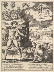 Apollo seisoo vasemmalla ampumassa pytonia nuolella, ylhäällä vasemmalla muse..., 1530-60.