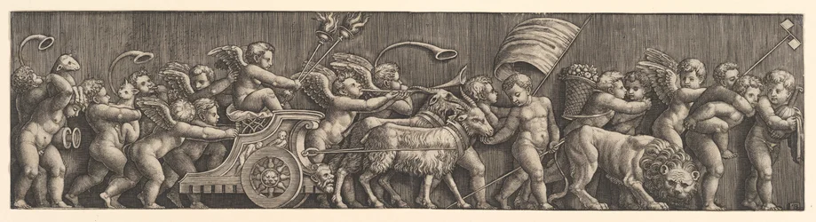 Friisi-asetelma, joka kuvaa rakkauden voittoa, Amor vuohien johdolla vaunuissa, mies..., 1530-60.