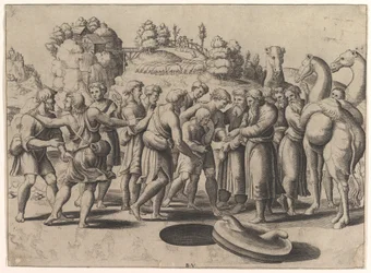 Keskellä Joosefia myyvät hänen veljensä kaivon yläpuolella, kamelit oikealla, 1533.