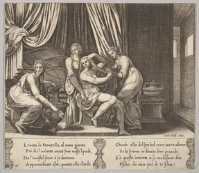 Levy 10: nymfit auttavat Psycheä pukemaan hiuksensa, teoksesta The Fable of Psyche, 1530-60.