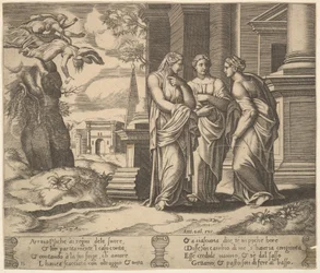 Levy 15: Psyyke kertoo onnettomuuksistaan sisarilleen, teoksesta The Fable of Psyche, 1530-60.