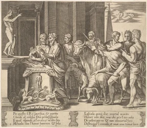 Levy 4: Psychen isä konsultoi oraakkelia, teoksesta The Fable of Psyche, 1530-60.