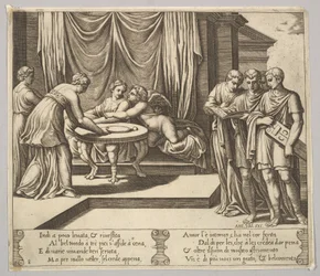 Levy 8: Psyyke istuu pöydän ääressä ja läsnä näkymättömiä palvelijoita, Eros g...n vieressä, 1530-60.
