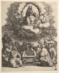 Neitsyt taivaaseenastuminen, hautaa ympäröivät apostolit, 1530-60.