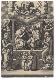 Neitsyen kruunaus, alhaalla vasemmalla seisoo Johannes Kastaja, alhaalla oikealla..., 1530-60.