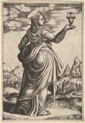 Magdaleena seisoo kasvot oikealle, tölkki ylhäällä oikealla kädellä, 1530-60.