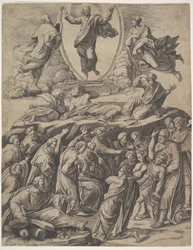 Kristuksen kirkastus, joka näkyy ylemmässä keskustassa, hänen alapuolellaan erilaisia hahmoja, mm...., 1530-60.