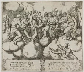 Venus ja Cupid vetoavat asiaansa Jupiterin ja muiden jumalien läsnäollessa