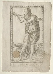 Melpomenen tragedia Tarocchi-sarjasta D: Apollo and the Muses, #17, ennen vuotta 1467.