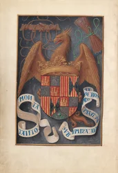 Kuningatar Isabella Katolisen, Espanjan kuningatar: Fol. 1v, Isabel la Católican aseet ja mottot