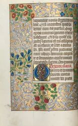Tuntikirja (Rouenin käyttö): fol. 18v, rukoukset Neitsyt Marialle, suuri alkukirjain O ja koristeellinen reunus.