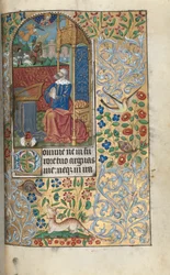 Tuntikirja (Rouenin käyttö): fol. 80r, katumuspsalmien avaus, katuva Daavid, kaukana Daavid tappaa Goljatin.