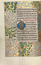 Tuntikirja Rouenin käyttö: fol. 22v, iso alkuO, jossa hieno reunus, n. 1470.