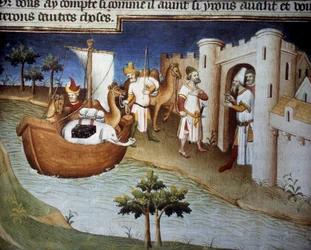 Polon veljekset (mukaan lukien Marco Polo) saapuvat Ormuziin Intiasta rahtilaivalla. Miniatyyri teoksessa "" The Book of Wonders"" ("" Devisement du monde", "" Il Milione") (Ms. 2810, Folio 14v). Käsikirjoitus Mazarine Masterin luottamuksella