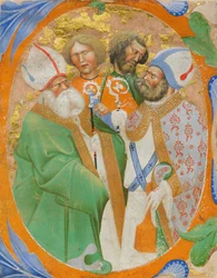 Il·luminació manuscrita amb quatre sants en una O inicial, d