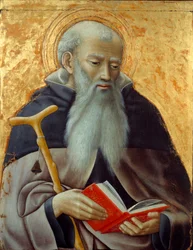 Saint Anthony, Abbe, Pyhän Antonius Suuren edustus (250/251-356) (tai Saint Anthony Erakko). Maalaus puulle Observance Master (toimii noin 1425-1450) su. 0,73x0,59 m