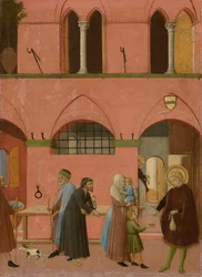 Pyhä Antonius jakamassa rikkauksiaan köyhille, noin 1430-1435 (tempera poppelipaneelille).