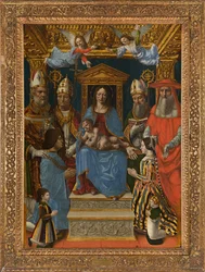 Valtaistuimella istuva Madonna ja lapsi, kirkonopettajat ja Ludovico il Moron perhe