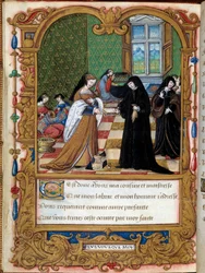 Margarita Angoulema (1492-1549) Navarran kuningatar esittelee kirjansa Etampesin herttuatarlle ja Francois I Anne Pisseleun suosikkisivulle, joka on otettu mestarin valaisemasta Margaret of Angouleman käsikirjoituksesta "" La coche ou Debat d