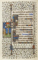 Ms 62 f.132v Siivekäs hahmo puun latvassa, jossa on miekalla lävistetty kirja, Guillaume de Deguillevillen teoksesta "Pyhän Hengen tunnit" 1350, 1417 (muste ja kultalehti pergamentilla)