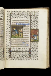 Ms 62 f.215r St. Eligius tekemässä pyhäkköä; Pyhä Eligius alasimessa, Tuntikirjasta, n. 1445-1450 (vellum)