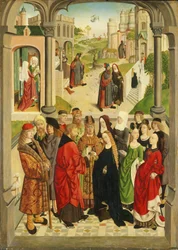 Hollanninkielinen: Marian avioliitto. Taustalla (vasemmalta oikealle) Marian syntymä, Joakimin ajaminen ulos temppelistä, Joakimin julistus, tapaaminen Kultaisella portilla ja Marian esittely temppelissä.