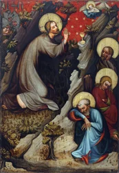 Agonie dans le jardin des Oliviers - Kristus Öljymäellä - Wittingaun mestari (Trebonin alttaritaulun mestari) (toimii noin 1380-1390). Tempera paneelissa, n. 1380. Kansallisgalleria, Praha