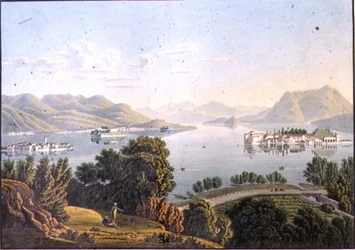 Näkymä Maggiore-järvelle ja Borromean saarille (kaiverrus)