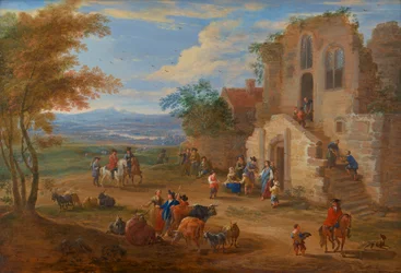 Maisema, jossa almuja jaetaan raunioituneen luostarin edessä, noin 1650-90 (öljy paneelille).