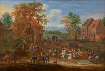 Kylämaisema, jossa on pääsiäishärkien kulkue, noin 1650-90 (öljy paneelille).