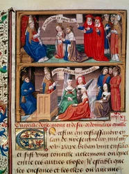 Clermontin kirkolliskokouksen edustus vuonna 1095, jota johti paavi Urbain II (1042-1099) saarnaten ensimmäistä ristiretkeä. Pienoiskuva Vincent de Beauvaisin (1184/94-1264) käsikirjoituksesta "Speculum historiale" (Le Mirror historial), jonka valaisee