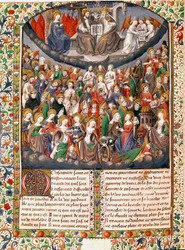 Taivaallinen hovi tai valtakunnan ikuinen onnellisuus Miniatyyri otettu "" De civitate dei " (Jumalan kaupunki), kirjoittanut Pyhä Augustinus Hippo (354-430), mestari Francois (1400-luku) 1470 Chantilly, museo conde