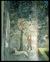 Metsästyskoiria ja puuhun kiipeileviä miehiä, yksityiskohta koristeellisesta kuviosta La Chambre du Cerf Stag Room 1347 -freskosta.