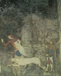 Miehet metsästävät koirien kanssa, yksityiskohta koristeellisesta kaaviosta La Chambre du Cerf Stag Room 1347 -freskosta.