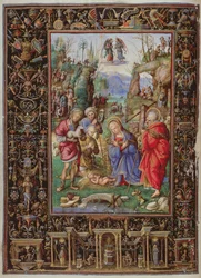 Yates Thompson 29 f.15b-16 Paimenten palvonta, "Hours of Bonaparte Ghislieri", Bologna, n. 1500 (vellum)