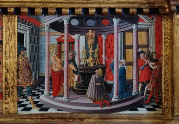 Madonna ja lapsi sekä pyhimykset Jaakob, Augustinus, Bernardiini ja Margareta, 1300-luvun ensimmäiset vuosikymmenet (tempera paneelille).