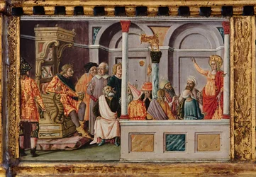 Madonna ja lapsi sekä pyhimykset Jaakob, Augustinus, Bernardiini ja Margareta, 1300-luvun ensimmäiset vuosikymmenet (tempera paneelille).