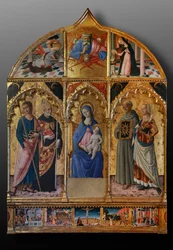 Madonna ja lapsi sekä pyhimykset Jaakob, Augustinus, Bernardiini ja Margareta, 1300-luvun ensimmäiset vuosikymmenet (tempera paneelille).