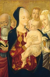 Madonna ja lapsi pyhän Hieromuksen, pyhän Katariinan Aleksandrialaisen ja enkeleiden kanssa, n. 14651470.