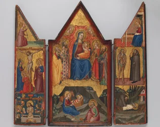 Madonna ja lapsi valtaistuivat pyhien kanssa... , ja syntymän alla..., n. 1380-90.