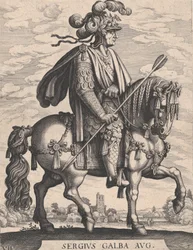 Levy 7: Keisari Galba hevosen selässä, teoksesta "Ensimmäiset kaksitoista roomalaista keisaria" Tempesin jälkeen..., 1610-50.