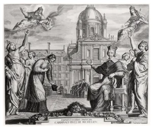 Robert de Sorbon (1201-94) ja kardinaali Richelieu (1575-1642) Sorbonnen edessä, kaiverrus Gregoire Huret (1606-70) 1639