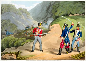 Brittiläinen sotilas ottaa kaksi ranskalaista upseeria Pyreneiden taistelussa, 1813 1816